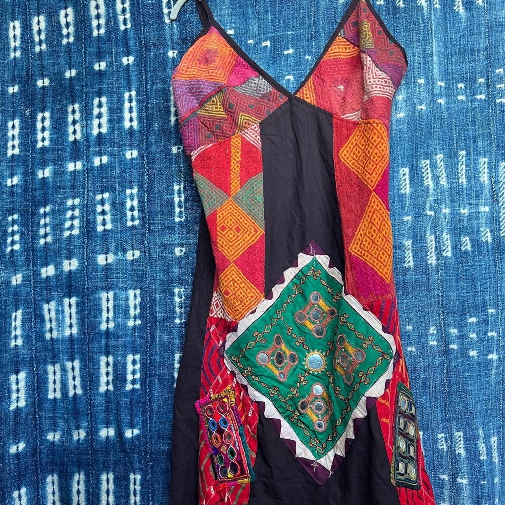 Embroidered Nepali Dress with Mirrored Sequins - Adjustable Spaghetti Straps